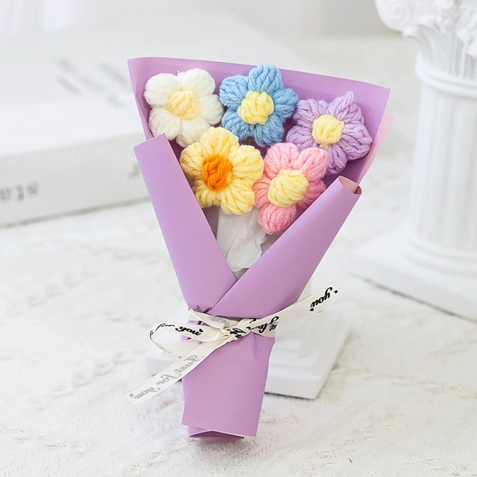 DIY Handwoven Knitted Flowers Bouquet Artificial Flower Knitted Woolen Flowers Woven Birthday Valentine's Day Gift Home Decor