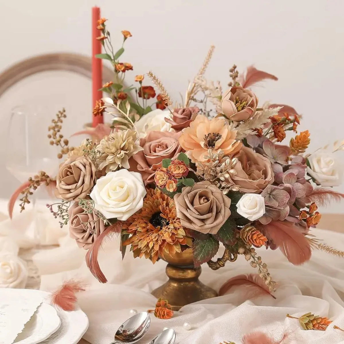 Champagne Rose Artificial Flowers Fake Flower   Decor Party Garden Wedding Marriage Decoration Bouquet Garland Accessory Leaves