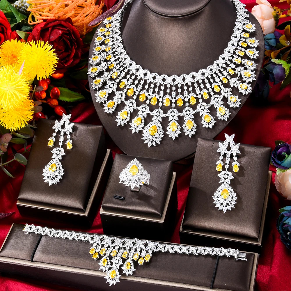 Soramoore DUBAI 4pcs Bridal Zirconia Necklace earring Sets For Women Wedding Party Jewelry Sets CZ Crystal Wedding Jewelry Sets