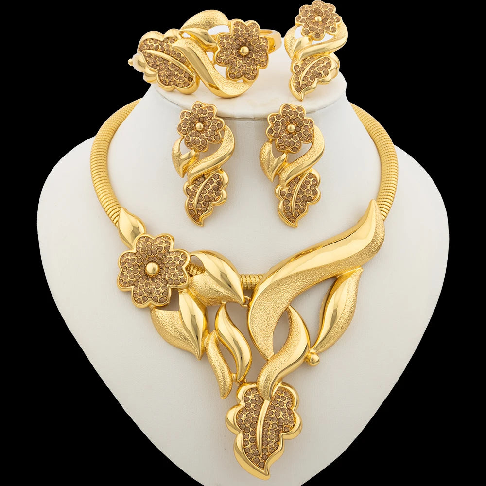 Luxury Flower Design Jewelry Set for Women 18k Gold Color Big Pendant Necklace and Earrings Bridal Weddings Nigerian Accessories