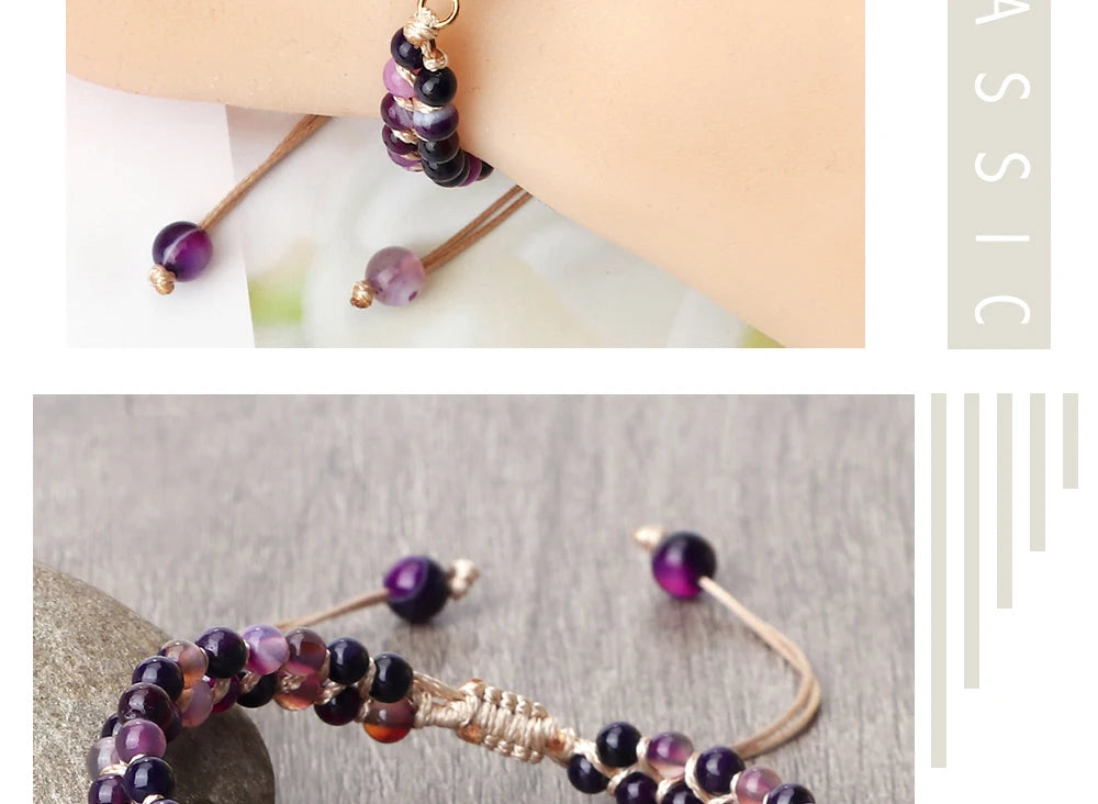 Purple Crystal Agate Stone Wrap Bracelet Charm String Braided Yoga Beaded Bracelets Bangles Bohemian Gift Jewelry for Women Men