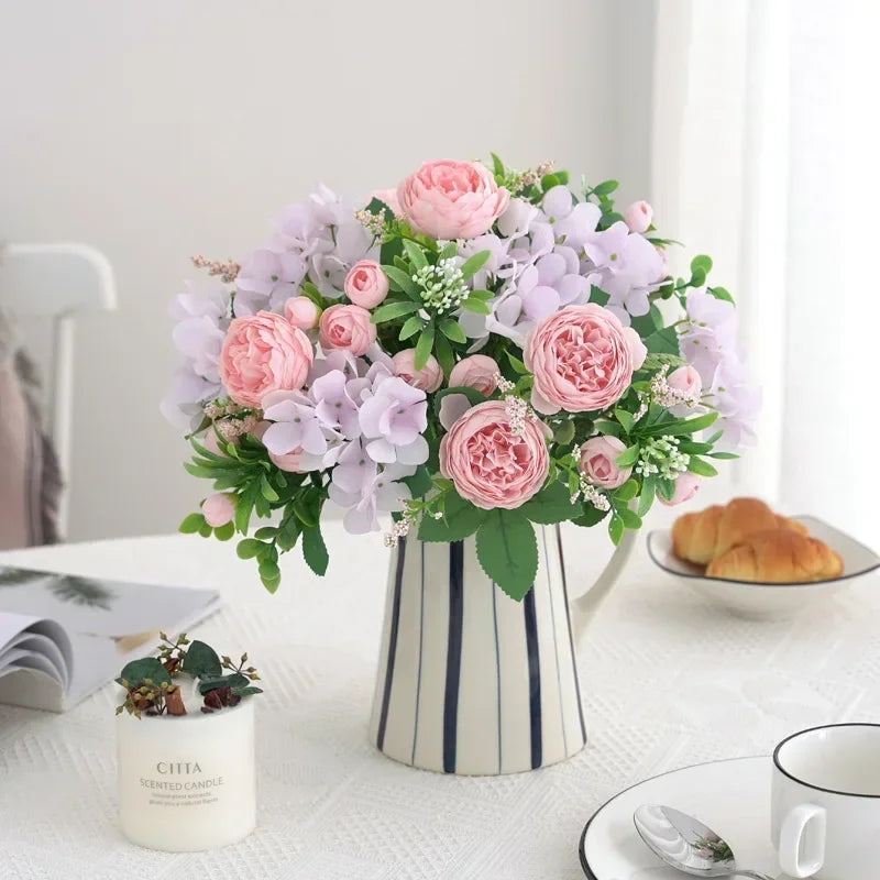 Blue Silk Bouquets Artificial Forest Hydrangea Peony Bud Wedding Bride Hand Bouquet Home Garden Desktop Flower Arrangement Decor