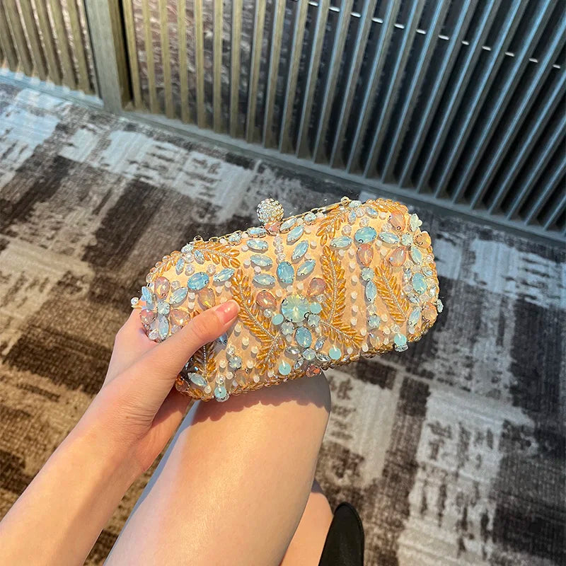 New Champagne Dinner Bag Colorful Rhinestone Handheld Bag European and American Style Women's Evening Dress Bag Storage Bag