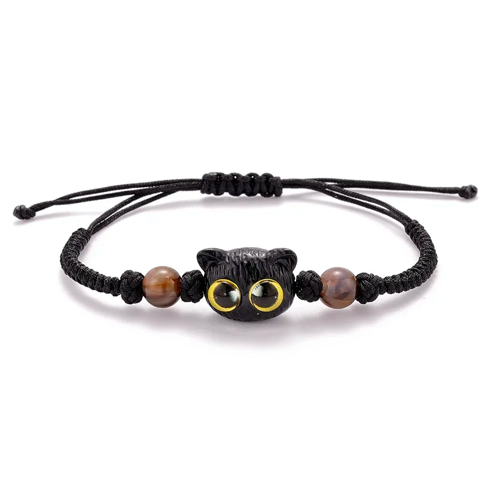 2pcs Cute Natural Stone Black Cat Bracelet for Women Men Fashion Cartoon Animal Beaded Bracelets Handmade Fashion Girl Jewelry