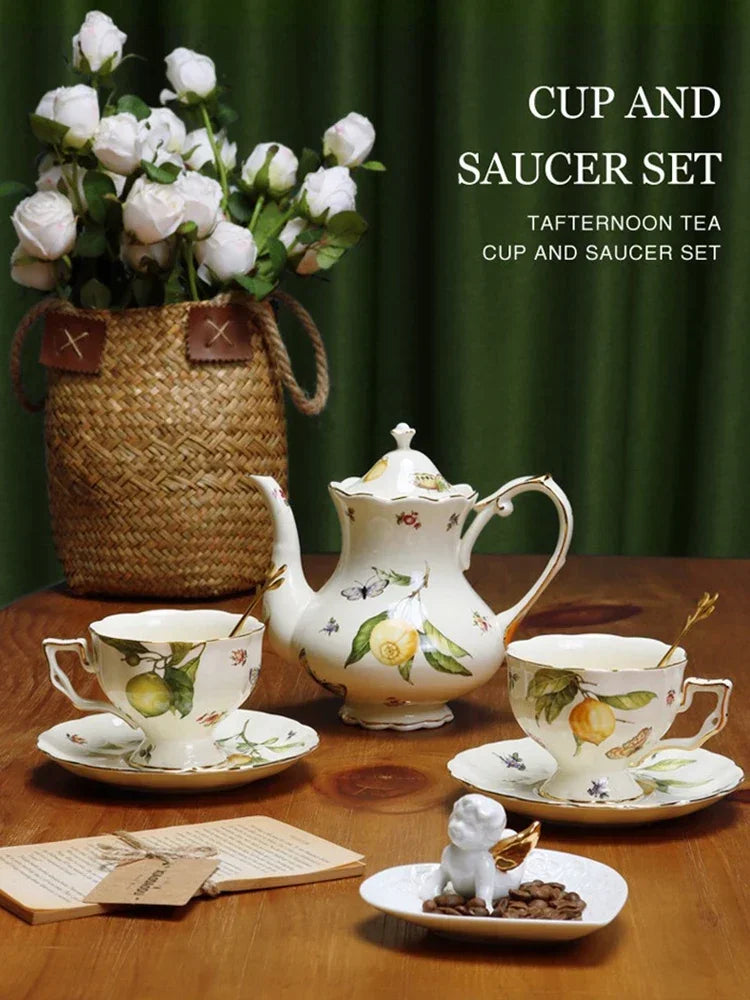 European Ceramics Coffee Cup and Saucer Teapot Elegant Lemon Pattern Creative Afternoon Tea Teaware Set with Dessert Spoon Gift