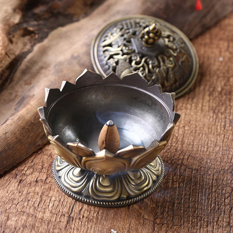 Alloy Incense Burner Chinese Buddha Lotus Flower Incense Holder Handmade Censer for Buddhist Home Office Decoration