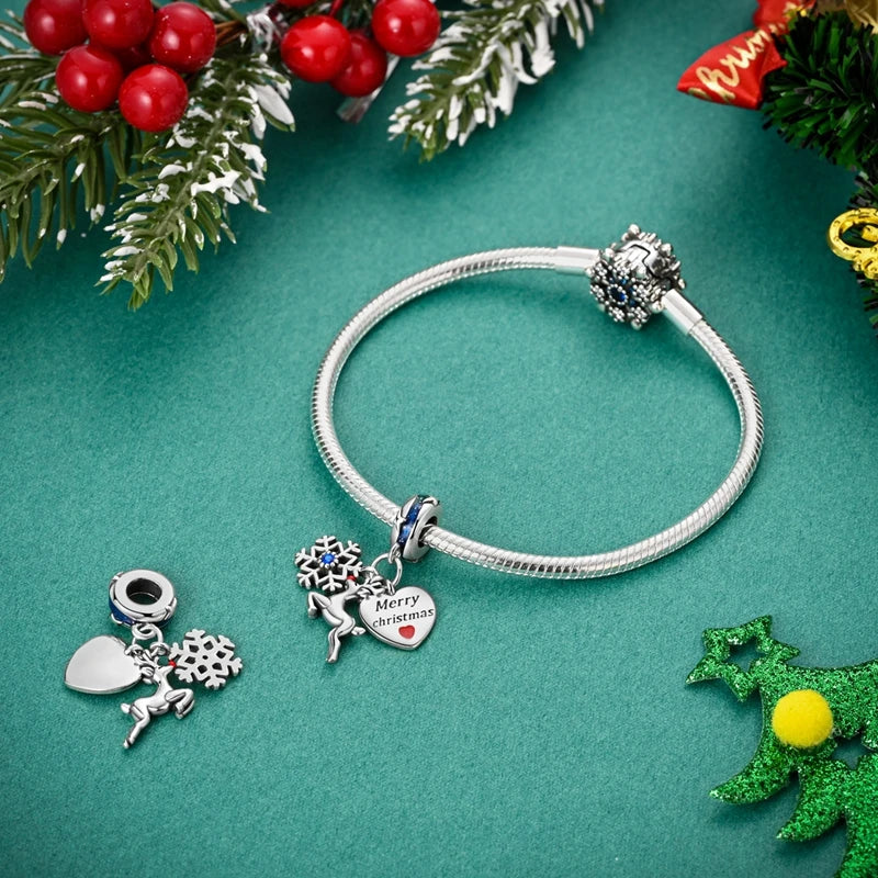 Christmas Series 925 Sterling Silver Gift Box Elk Crystal Ball Love Hot Air Balloon Charms Fit DIY Bracelet Necklace Holiday