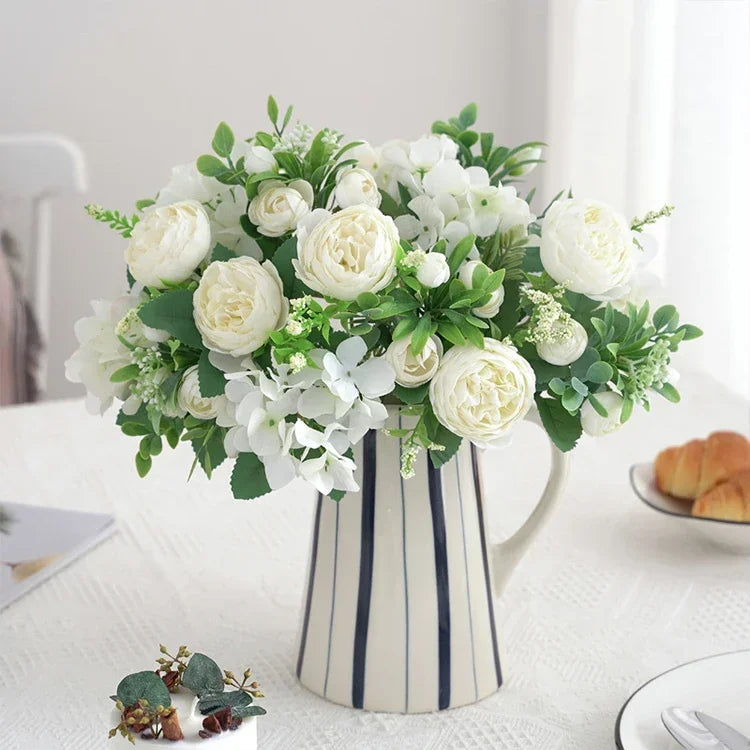 Blue Silk Bouquets Artificial Forest Hydrangea Peony Bud Wedding Bride Hand Bouquet Home Garden Desktop Flower Arrangement Decor