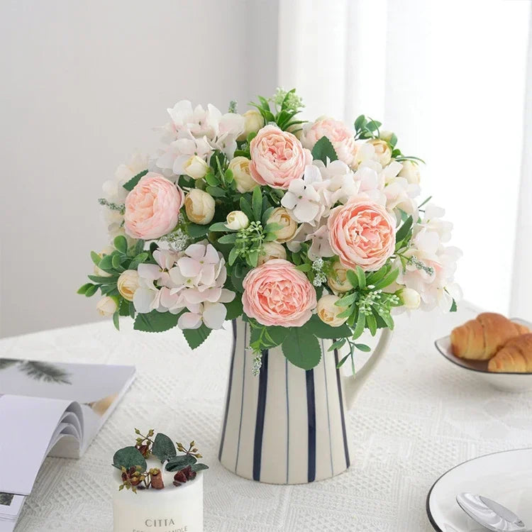 Blue Silk Bouquets Artificial Forest Hydrangea Peony Bud Wedding Bride Hand Bouquet Home Garden Desktop Flower Arrangement Decor