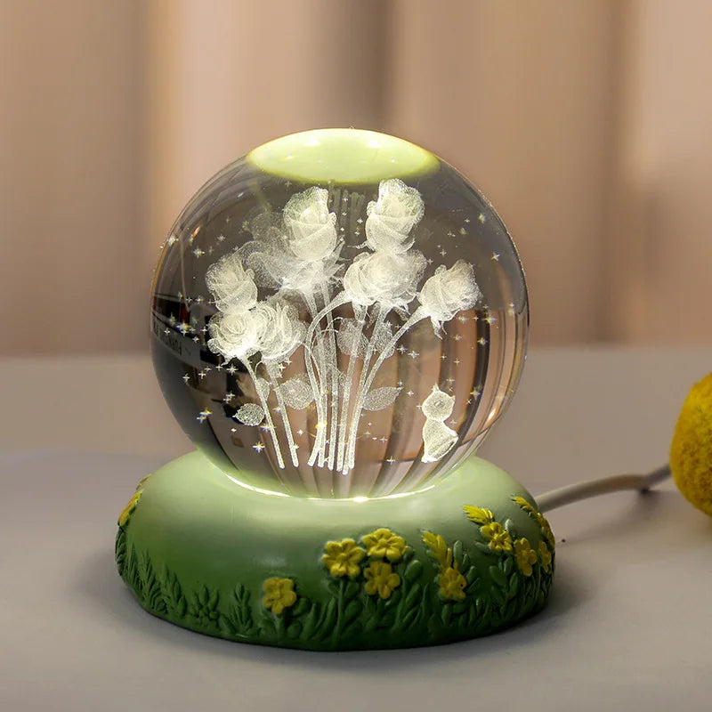 Carved Rose Carnation Flower Crystal Ball Small Night Lamp Home Warm Small Ornaments Birthday Gift Gift