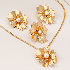 Flower Jewelry Set Gold Color Metal Pearl Petal Pendant  Necklace Earring Ring for Women Party Wholesale Accessories