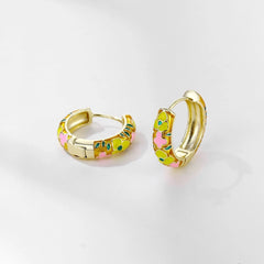 Juya 18K Real Gold Plated Handicraft Bohemia Bridal Handmade Colorful Enamel Daisy Flower Hoop Earrings Women Prevent Allergy