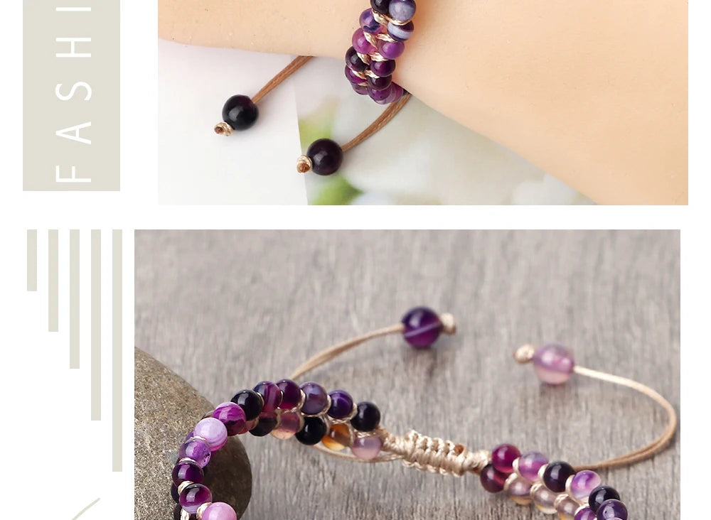 Purple Crystal Agate Stone Wrap Bracelet Charm String Braided Yoga Beaded Bracelets Bangles Bohemian Gift Jewelry for Women Men