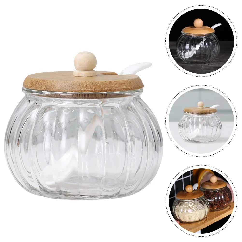 1 Set Sugar Container Sugar Dispenser Glass Sugar Jar Glass Seasoning Jar Sugar Jar with Spoon Pumpkin Salt Jar for Kitchen