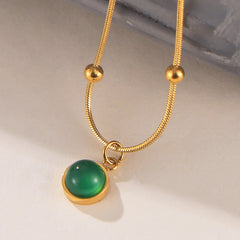 Daily Necklace for Women Waterproof Stainless Steel Chain Gold Plated Green Glass Stones Pendant Couple Jewelry Gift