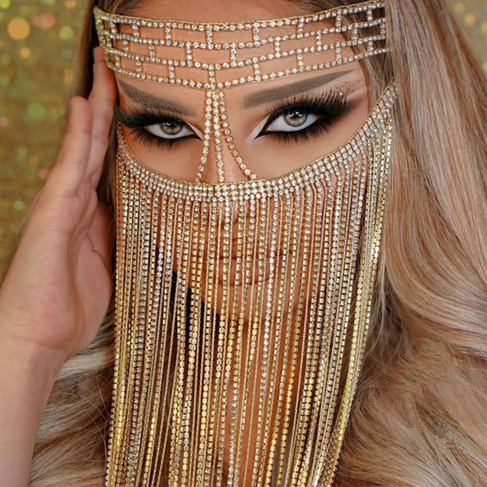 Fashion Charming Rhinestone Tassel Veil Masks for Women Bohe Face Jewelry Chain Masquerade Dance Party Sexy Costume Accessories