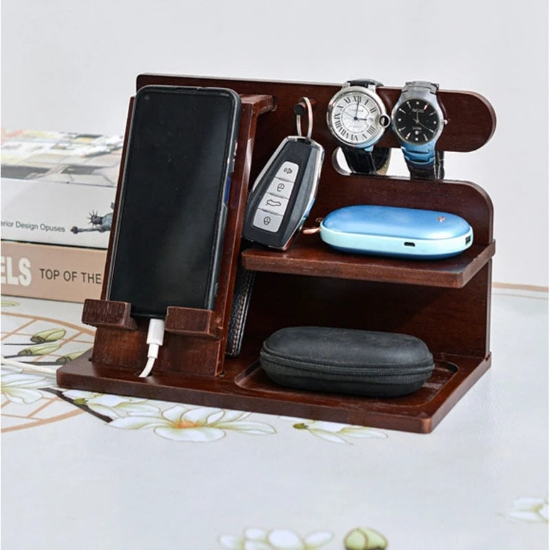 Wood Phone Docking Station Key Holder Wallet Stand Jewelry Watch Organizer Desk Accessories Men Husband Birthday Gift