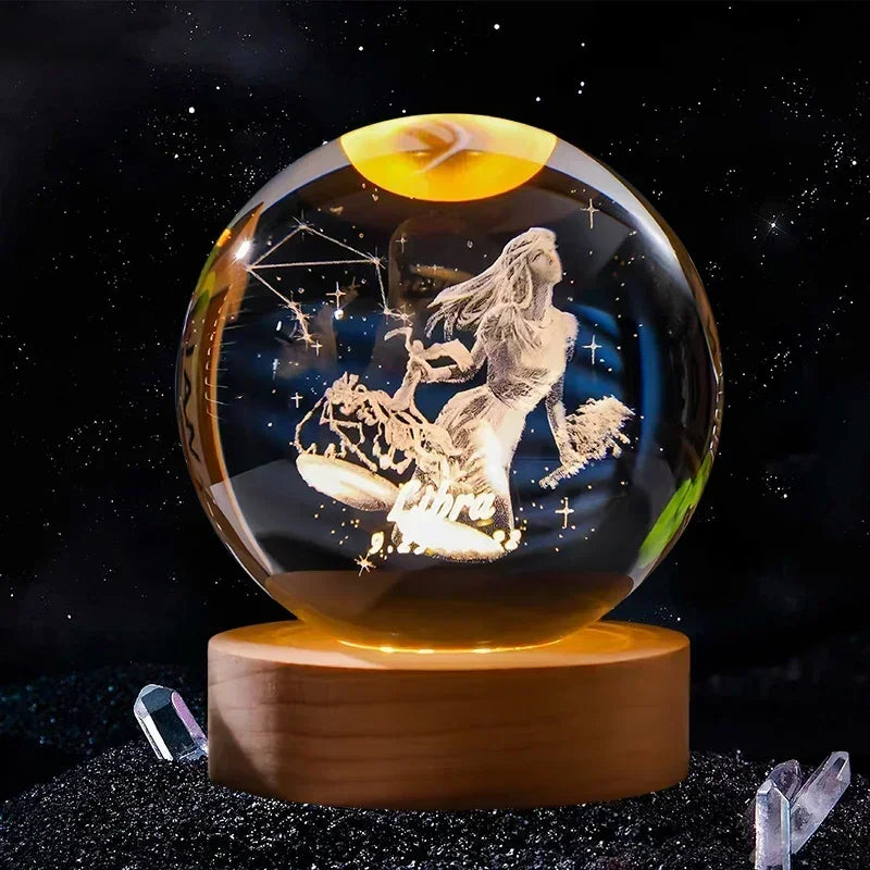Hot 6cm 3D Crystal Ball Glass Craft Decoration 12 Constellation Birthday Gift Wooden Base Home Desktop Decor Children's Gifts