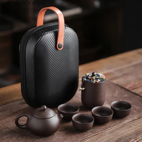 Chinese Travel Tea Set Portable Set Household Purple Clay One Pot Four Cups Tea Caddy Outdoor Travel Convenient Teapot Tea Cup