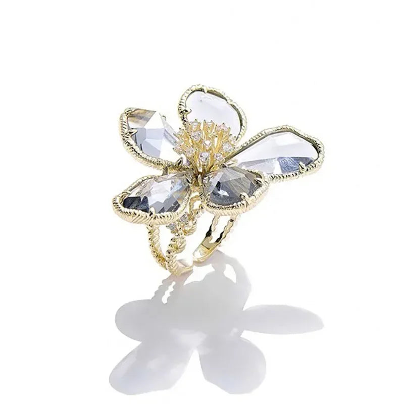 Fashion Elegant Crystal Flower Open Ring for Women 2024 New Luxury Wedding Party Jewelry Accessories Christmas Gifts