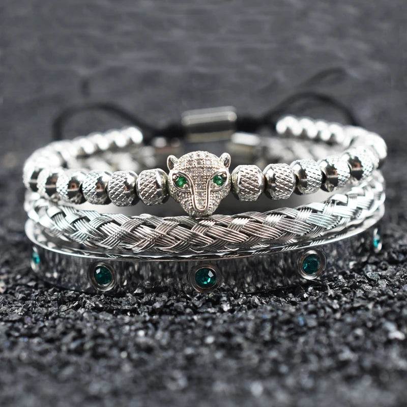 Luxury Set Green Eye Leopard Head Charm Handmade Man Bracelet Crystals Women Stainless Steel Bangles Jewelry