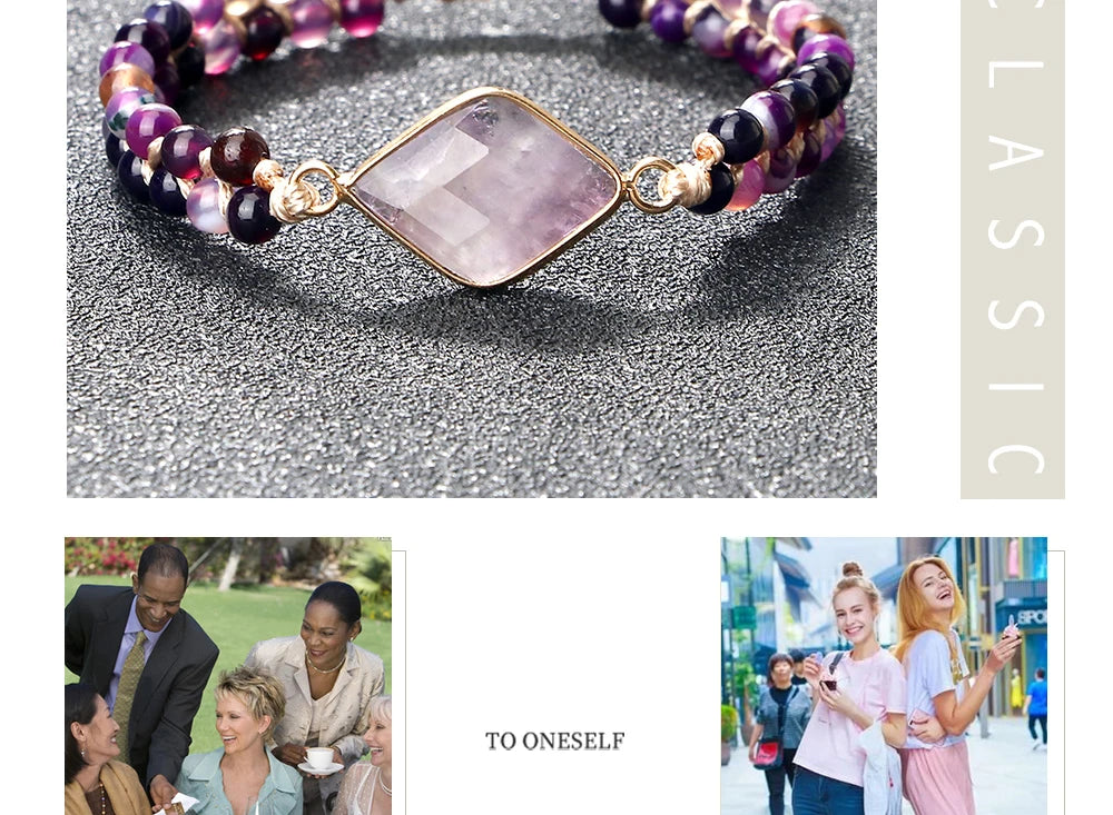 Purple Crystal Agate Stone Wrap Bracelet Charm String Braided Yoga Beaded Bracelets Bangles Bohemian Gift Jewelry for Women Men