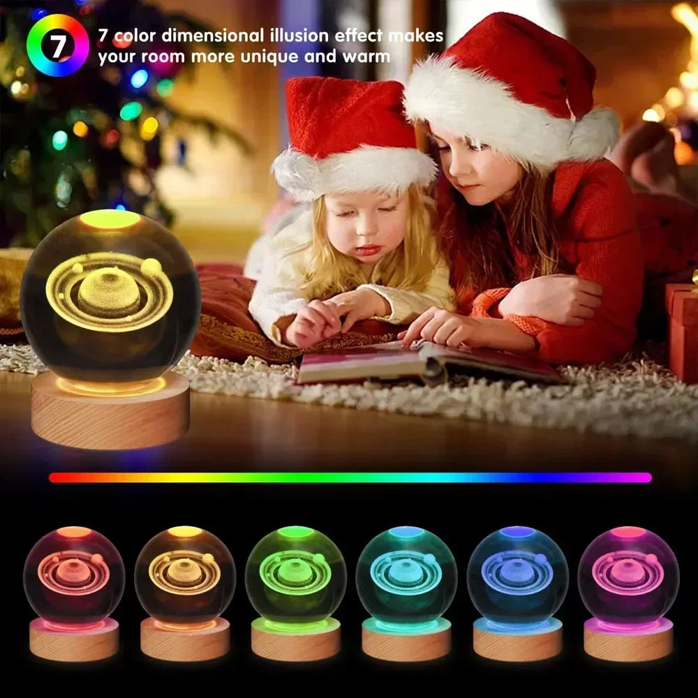 6cm 3D Crystal Christmas Night Light Wooden Base Seven Spectral Colors LED Gift for Boys and Girls