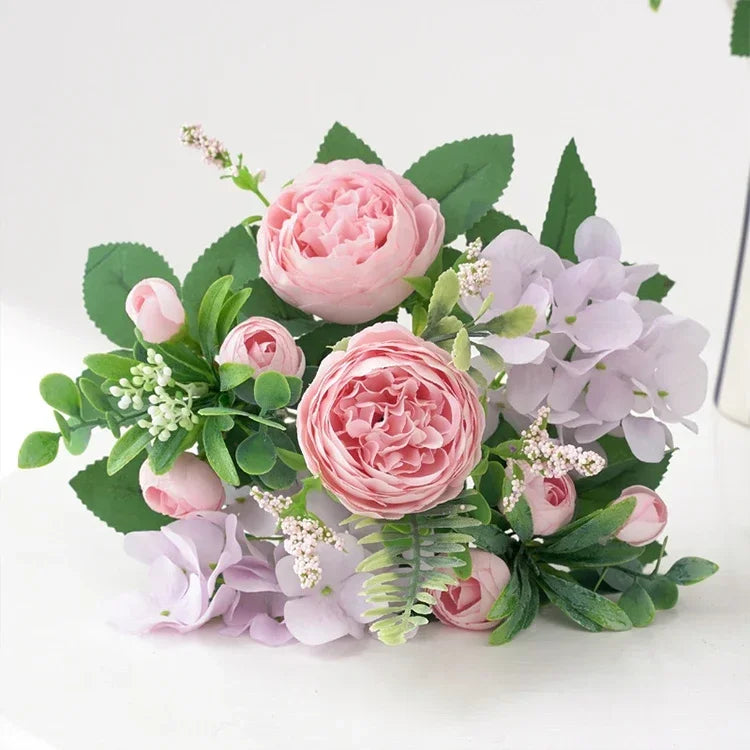 Blue Silk Bouquets Artificial Forest Hydrangea Peony Bud Wedding Bride Hand Bouquet Home Garden Desktop Flower Arrangement Decor