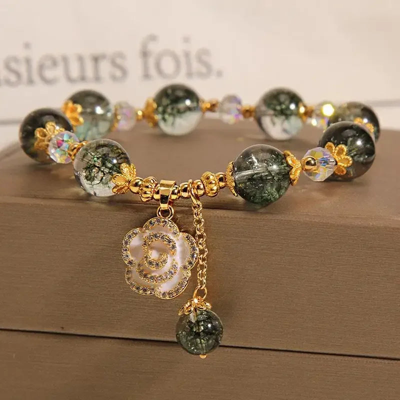 Fashion Green Crystal Bracelet Luxury Women's Rose Pendant Beaded Charm Bangles Birthday Wedding Party Jewelry Gift Wholesale