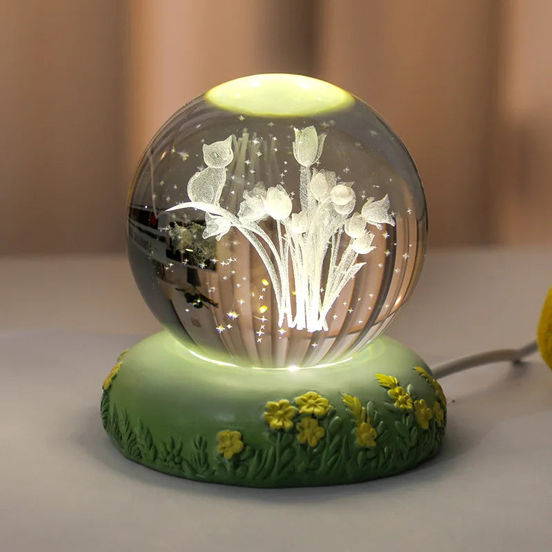 Carved Rose Carnation Flower Crystal Ball Small Night Lamp Home Warm Small Ornaments Birthday Gift Gift