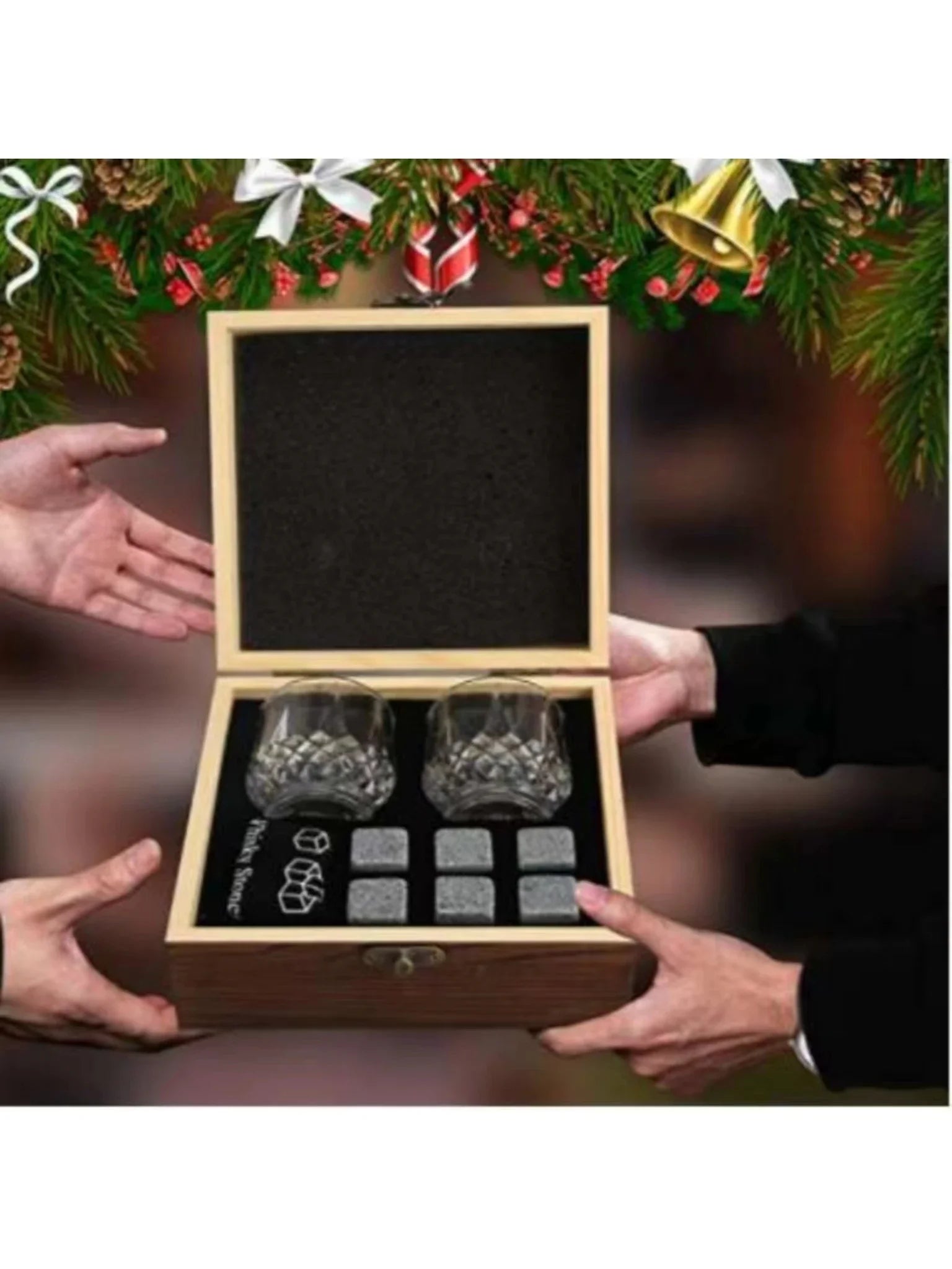 Father's Day Gift for Men Whiskey Stones Glasses Set Granite Ice Cube for Whisky in Wooden Bottle Box Present for Dad Husband