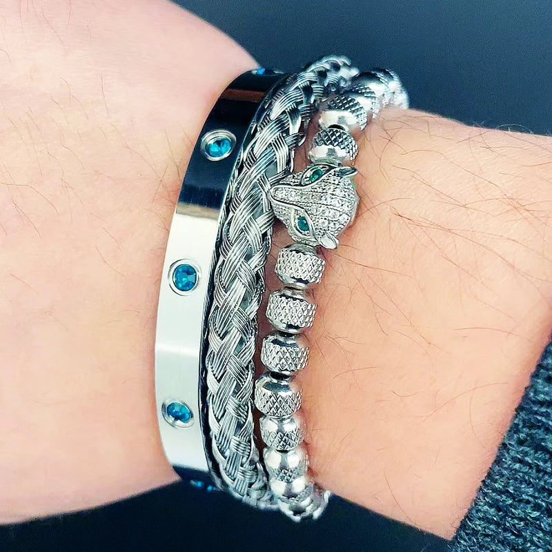 Luxury Set Green Eye Leopard Head Charm Handmade Man Bracelet Crystals Women Stainless Steel Bangles Jewelry