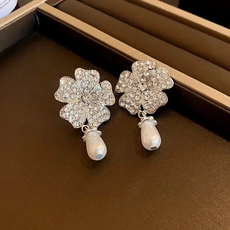 Flower Party Necklaces Women French Luxury Imitation Pearl Multi-layer Necklaces Bracelet Earrings Shiny Rhinestone Jewelry Sets