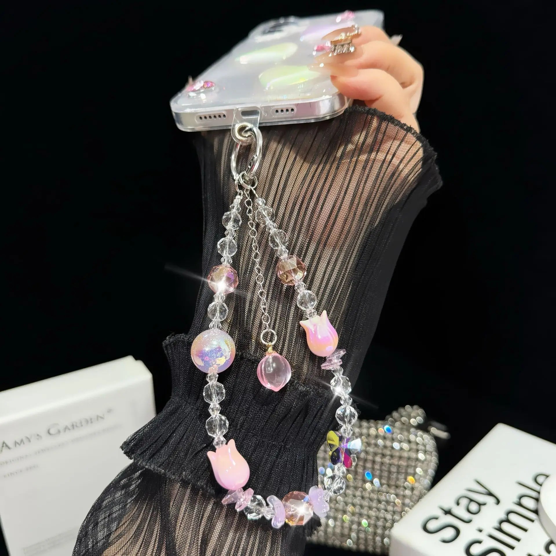 Crystal Flower Buds Fine Sparkling Beads Bag Accessories Keychains Hanging Ropes For Mobile Phone Bracelets Small Gifts