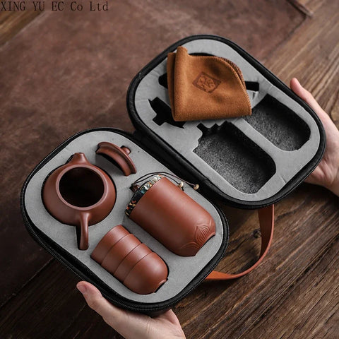 Chinese Travel Tea Set Portable Set Household Purple Clay One Pot Four Cups Tea Caddy Outdoor Travel Convenient Teapot Tea Cup