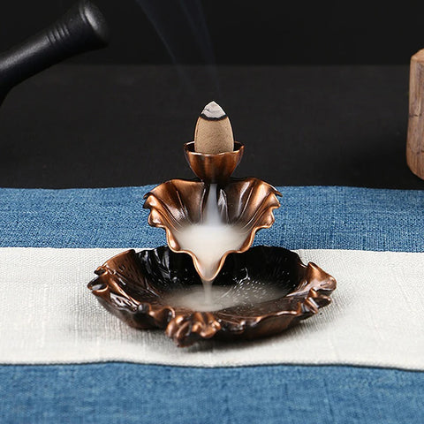 Metal Lotus Leaf Incense Holder Burner Fragrance Holder Backflow Censer Aromatherapy Smoke Reflux Incense Burner Home Decor