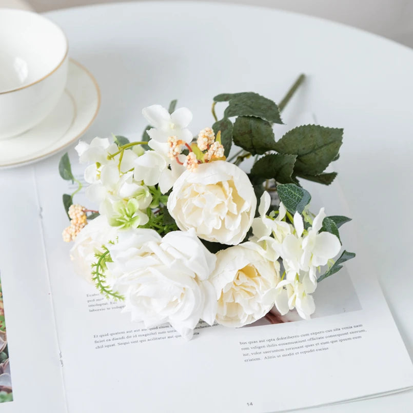 Cheap Silk Hydrangea Spring Wedding Garden Roses Bridal Bouquet Festival Decoration Vase Home Room Fake Peony Artificial Flowers