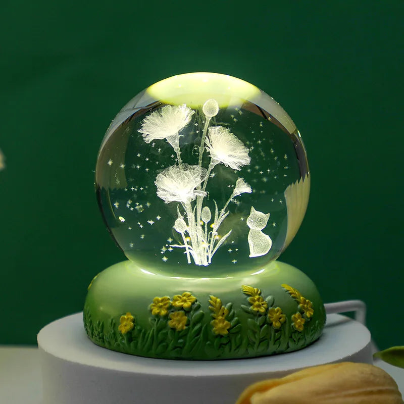 Carved Rose Carnation Flower Crystal Ball Small Night Lamp Home Warm Small Ornaments Birthday Gift Gift