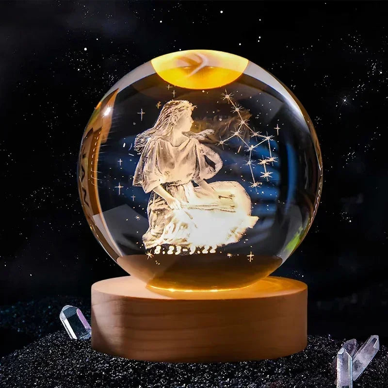 Hot 6cm 3D Crystal Ball Glass Craft Decoration 12 Constellation Birthday Gift Wooden Base Home Desktop Decor Children's Gifts