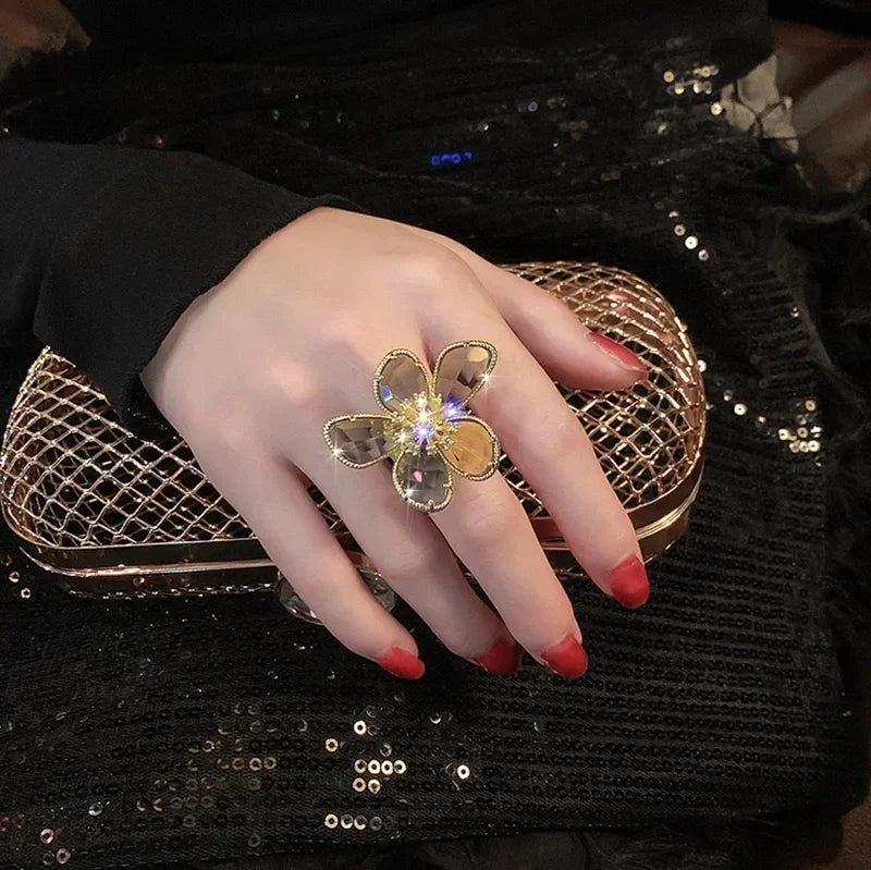 Fashion Elegant Crystal Flower Open Ring for Women 2024 New Luxury Wedding Party Jewelry Accessories Christmas Gifts