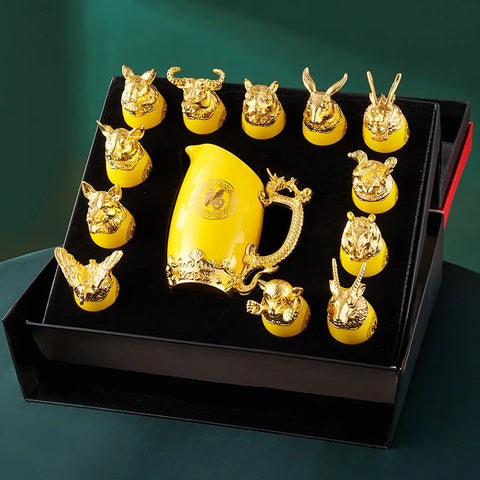 Gold-plated Twelve Animal Head Ceramic Wine Glass Dispenser Crafts Decoration Gift Shot Glasses Set Home Vodka Tequila Glass New