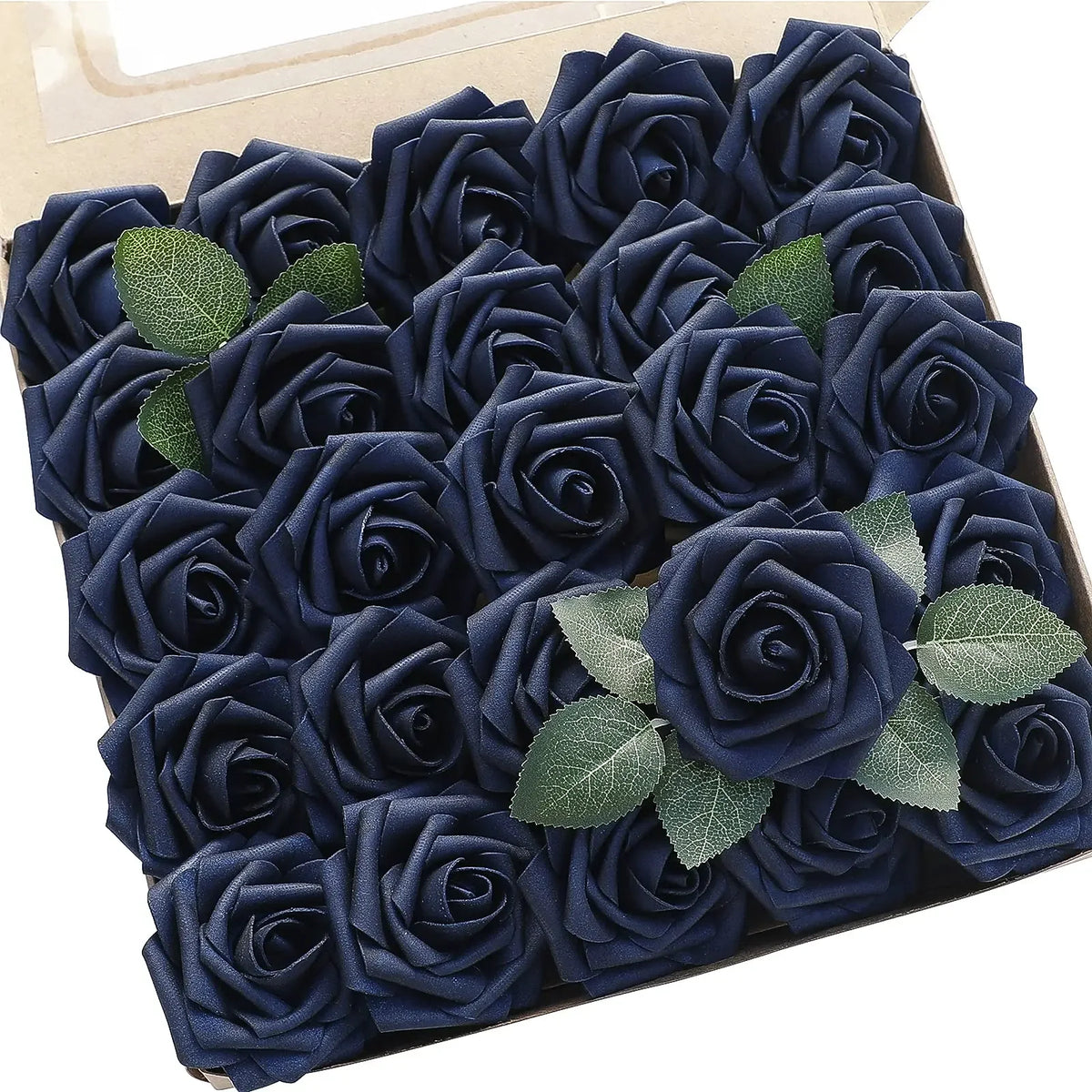 Artificial Flowers 25pcs Real Looking Navy Blue Foam Fake Roses with Stems for DIY Wedding Bouquets Bridal Shower Centerpieces P