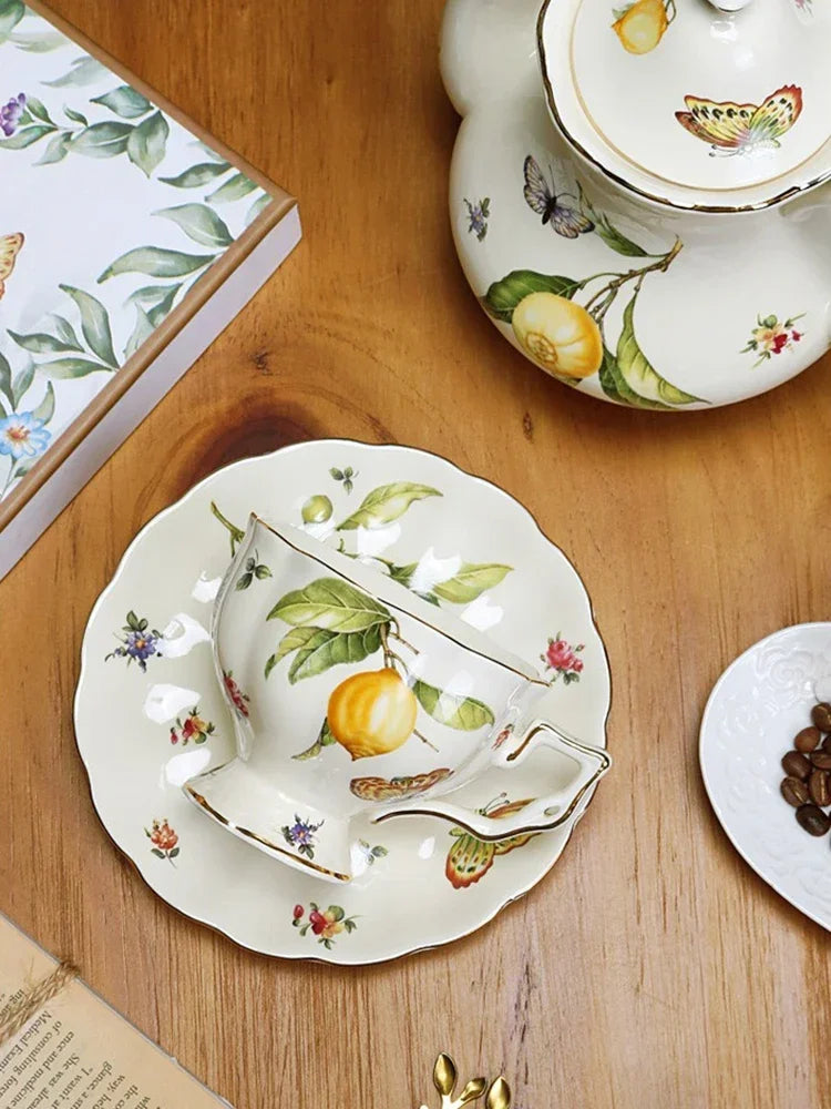 European Ceramics Coffee Cup and Saucer Teapot Elegant Lemon Pattern Creative Afternoon Tea Teaware Set with Dessert Spoon Gift
