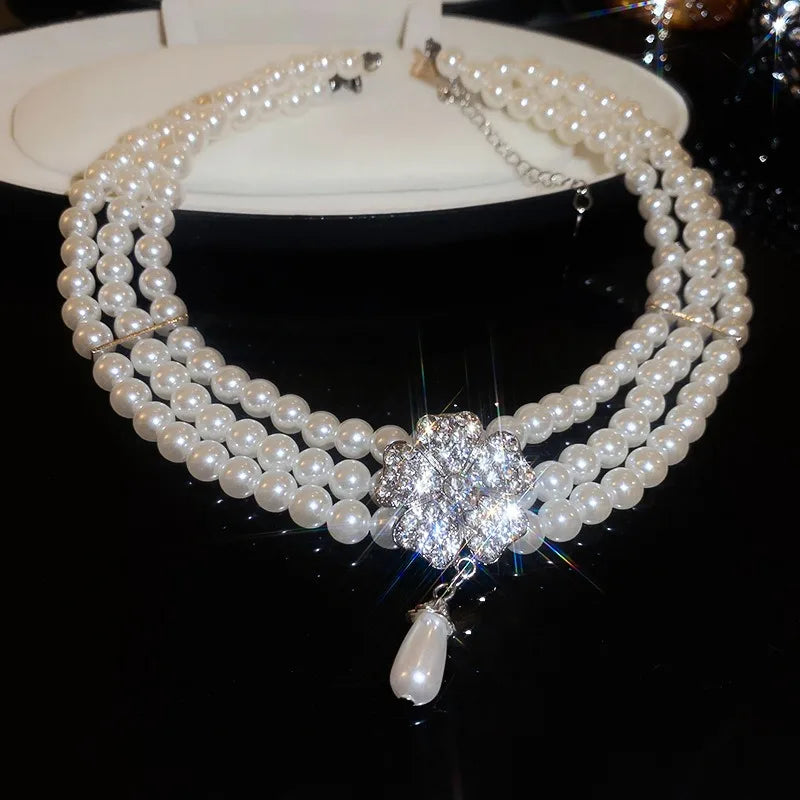 Flower Party Necklaces Women French Luxury Imitation Pearl Multi-layer Necklaces Bracelet Earrings Shiny Rhinestone Jewelry Sets