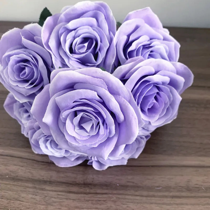 9Heads Roses Bouquet Artificial Flower purple dark purple Rose Fake Rose Living Room Decoration Wedding Livingroom decor Love