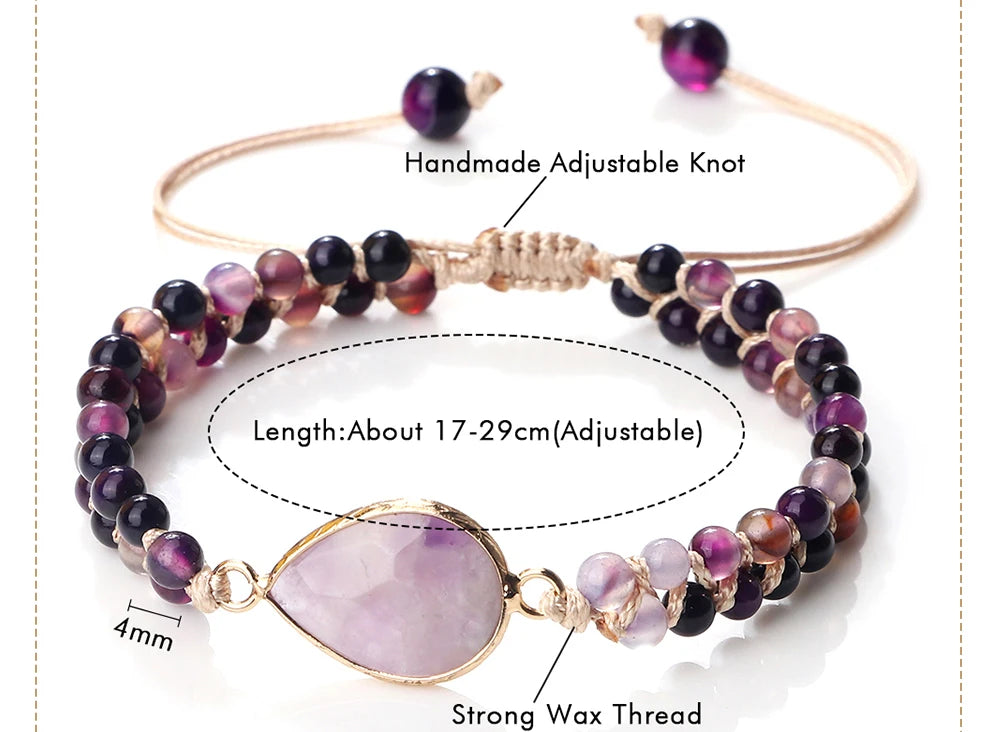 Purple Crystal Agate Stone Wrap Bracelet Charm String Braided Yoga Beaded Bracelets Bangles Bohemian Gift Jewelry for Women Men