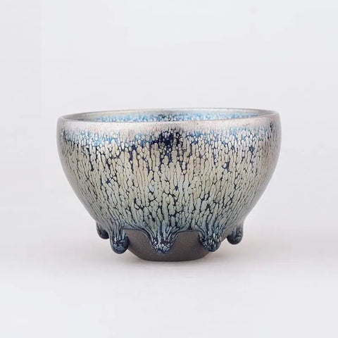 JZ226 Silver Fur Tenmoku Teacup Chinese Porcelain Bowls Chawan w/Great Glaze Handcrafted Kungfu Tea Cup Giftbox/JIANZHAN