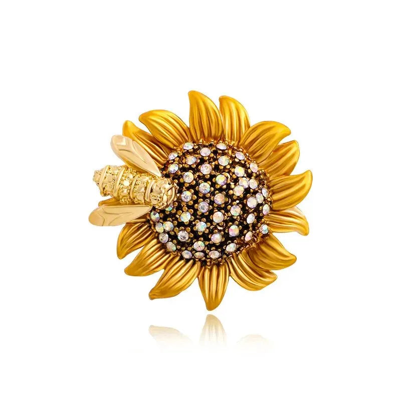 Trendy Sunflower Bee Alloy Zirconia Brooches For Women Girls Gold Color Flower Metal Crystal Jewelry Party Birthday Daily