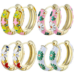 Juya 18K Real Gold Plated Handicraft Bohemia Bridal Handmade Colorful Enamel Daisy Flower Hoop Earrings Women Prevent Allergy