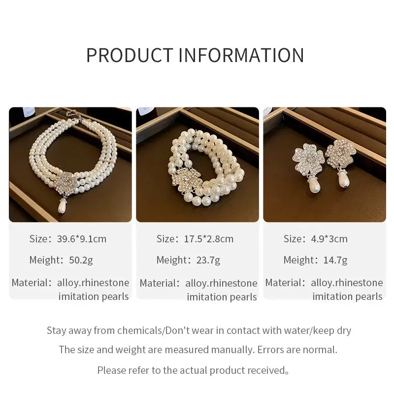 Flower Party Necklaces Women French Luxury Imitation Pearl Multi-layer Necklaces Bracelet Earrings Shiny Rhinestone Jewelry Sets